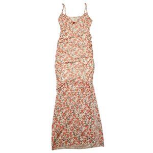 NWT Pink Floral Bodycon Maxi Long Dress Rosette Rose w/ Side Slit Medium Ruched